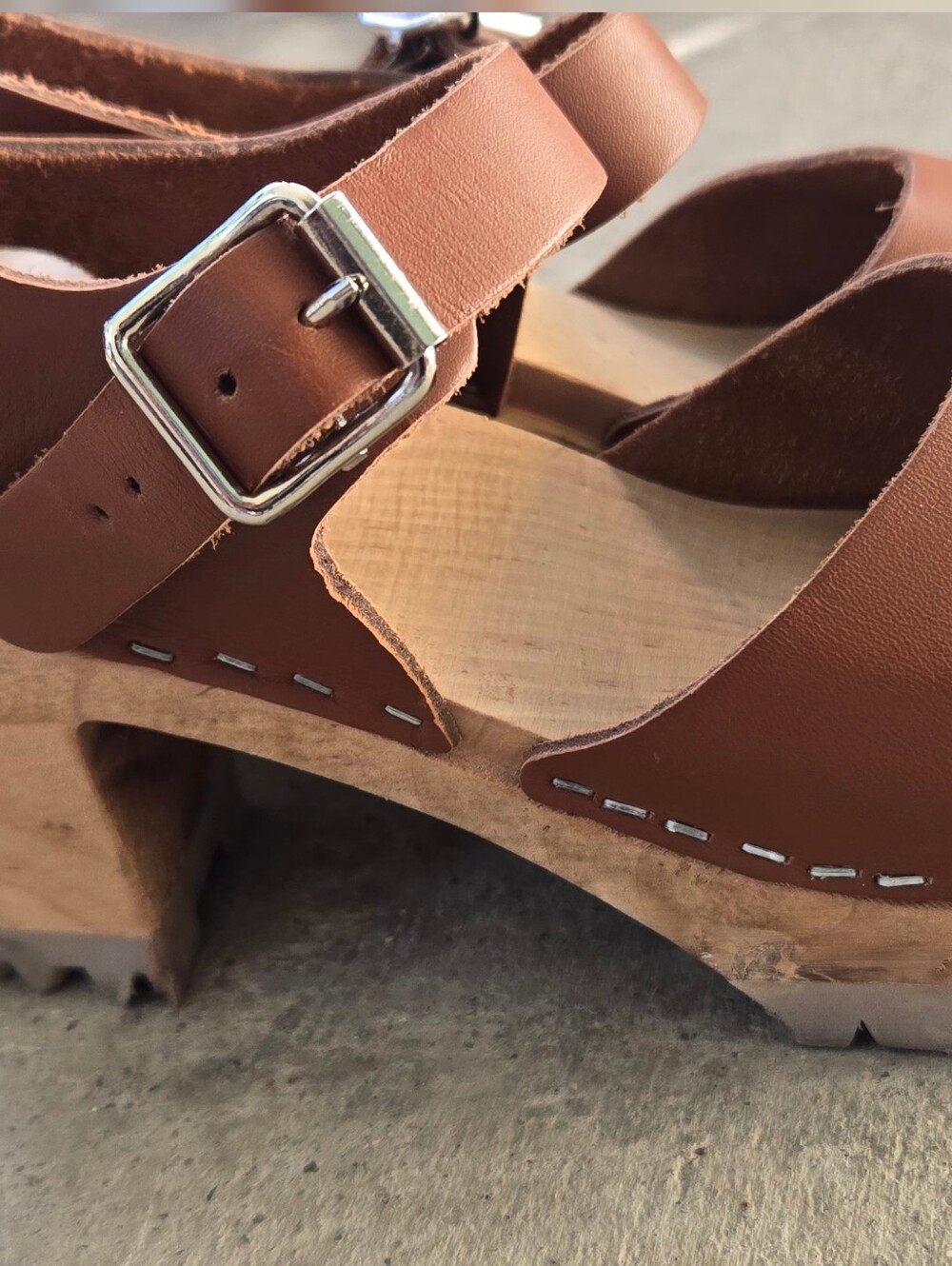 MIA Chestnut Brown Leather Clog Sandals with Buckle Strap - Picture 2 of 9